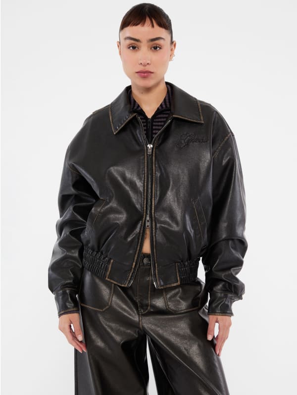 GUESS Originals Distressed Faux-Leather Flight Jacket | GUESS