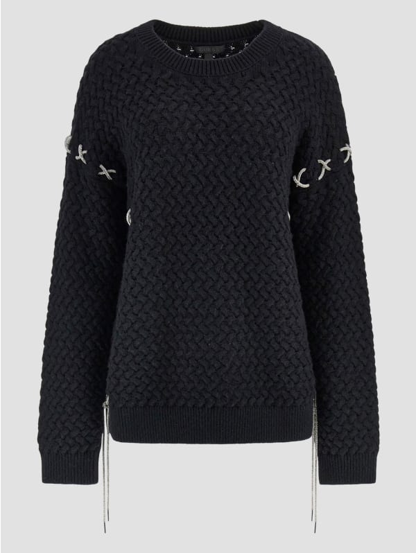Elliss Rhinestone Wool-Blend Chain Sweater | GUESS Elliss Rhinestone Wool-Blend Chain Sweater | GUESS