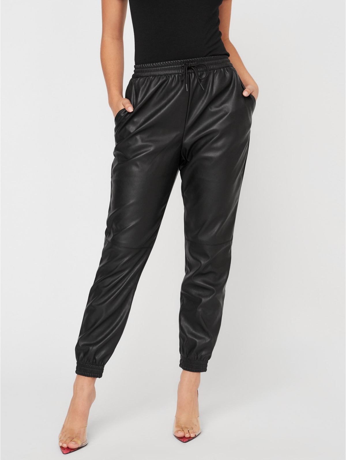 Black leather jogger pants clearance