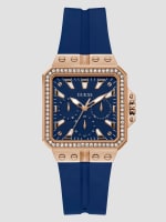 Gold-Tone and Blue Silicone Multifunction Watch | GUESS