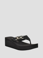 GUESS Edany Denim G Buckle Wedge Sandals Black 8