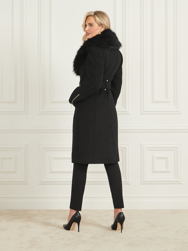 Black wool coat cheap with fur collar