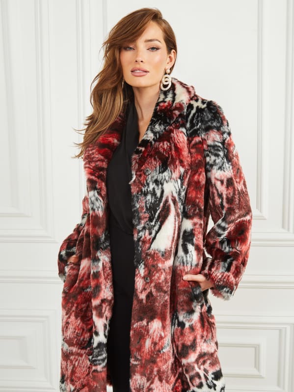 Patterned red faux fur coat