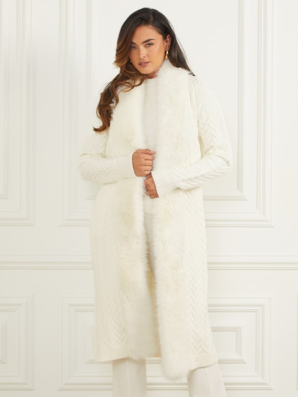Marciano Paula Faux-Fur Long Cardigan Sweater - White - S