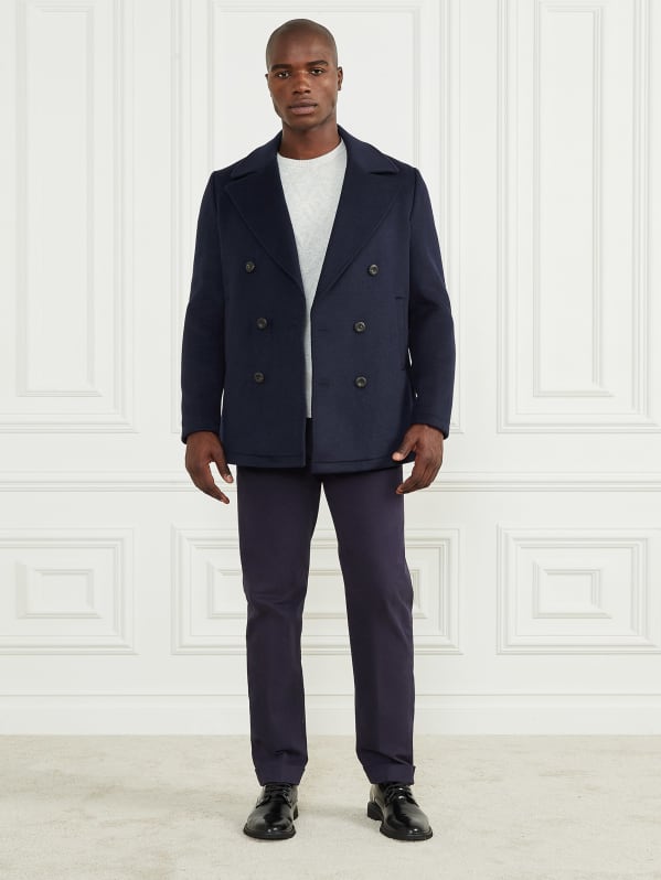 Notched Wool Blend Peacoat GUESS