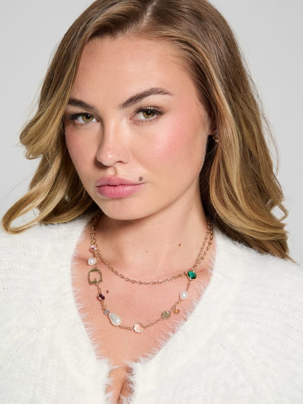 Gold Tone Multi Stone and Faux Pearl Layered Necklace GUESS