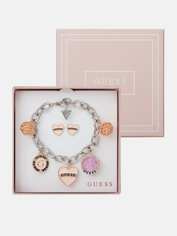 Gold Tone Charm Bracelet and Heart Earrings Box Set