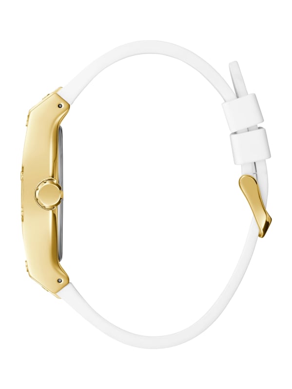 Gold Tone and White Rectangular Multifunction Watch
