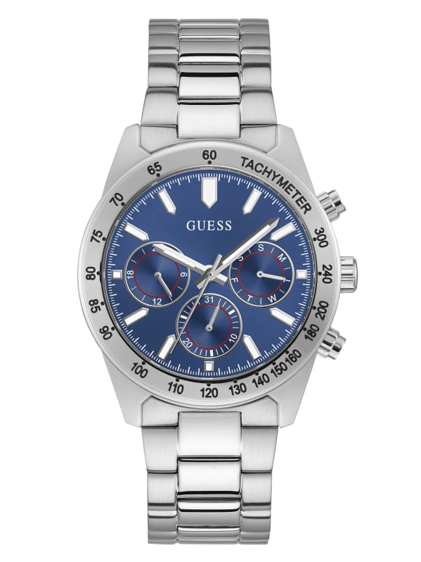 Silver-Tone And Blue Tachymeter Watch | GUESS Factory