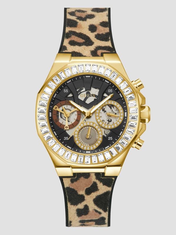 Gold-Tone and Animal Print Silicone Multifunction Watch | GUESS