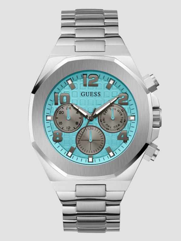 Silver-Tone and Aqua Chronograph Watch