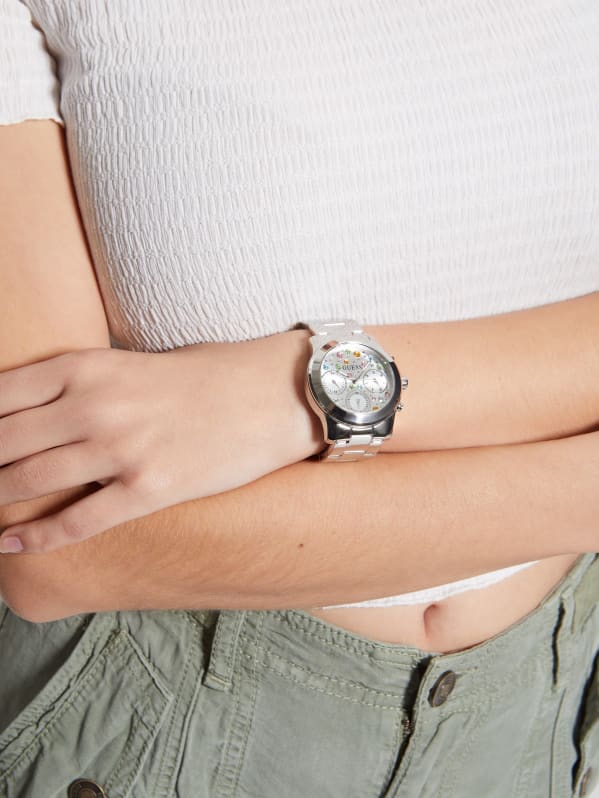 Silver Tone Colored Crystal Multifunction Watch GUESS
