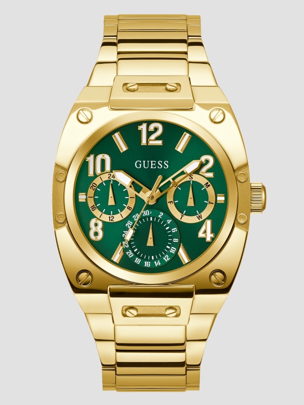 Gold-Tone and Green Multifunction GUESS | Watch