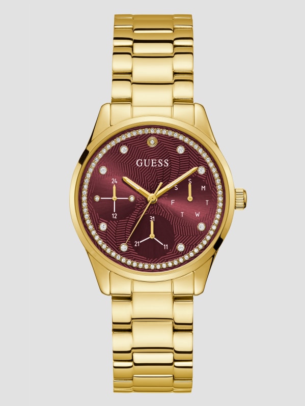 Gold Tone and Burgundy Multifunction Watch GUESS