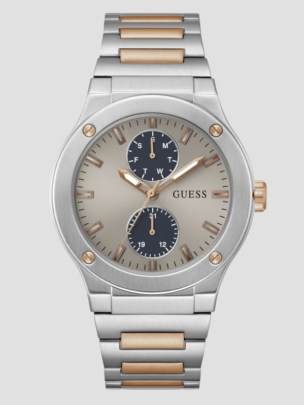 GUESS Silver And Rose Gold Tone Multifunction Watch Silver
