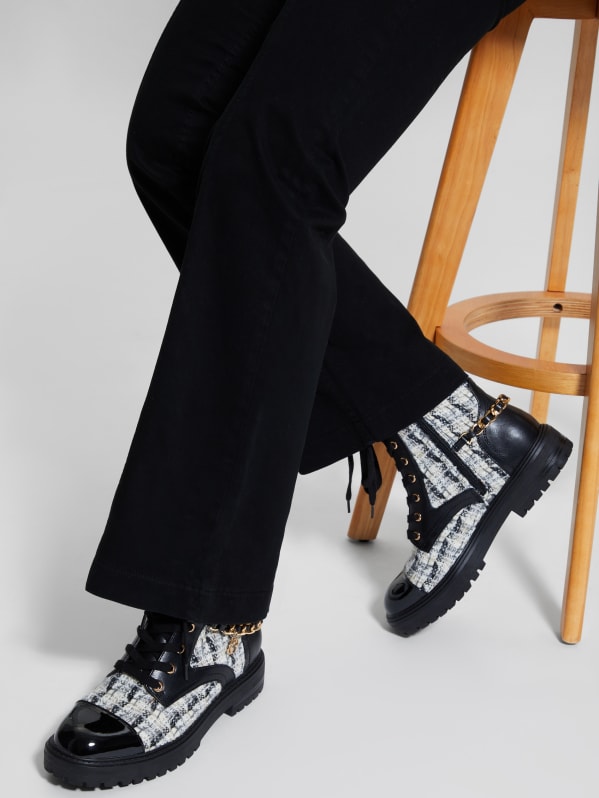 Jellarda Tweed Chain Moto Boots GUESS