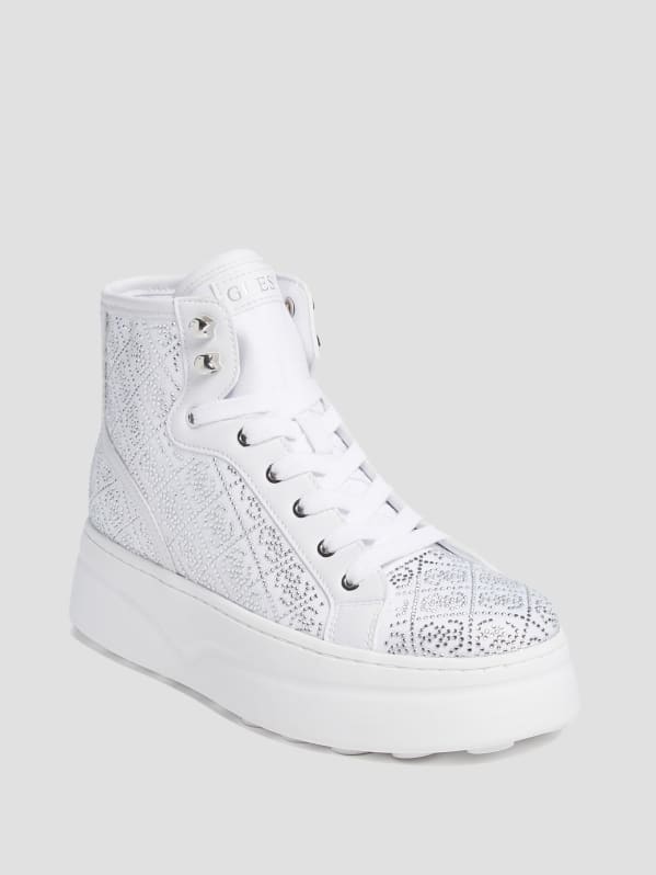 Guess Rhinestone Quattro G High Top Sneakers White 8.5