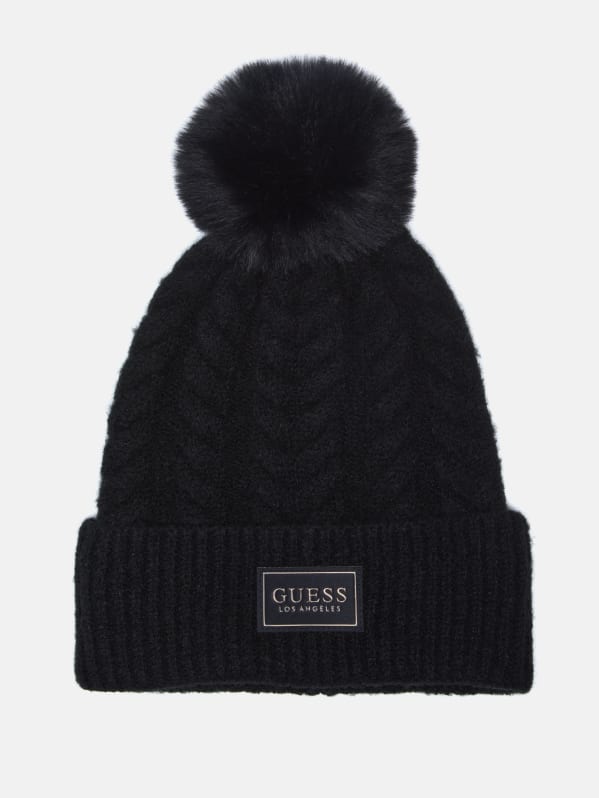 Factory Cable knit Pom Pom Logo Beanie Black