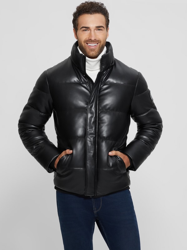 Faux-Leather Hooded Puffer Jacket