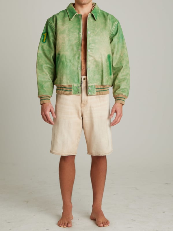 Distressed Leather Letterman Jacket GUESS