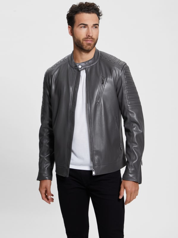 Black leather guess jacket hot sale