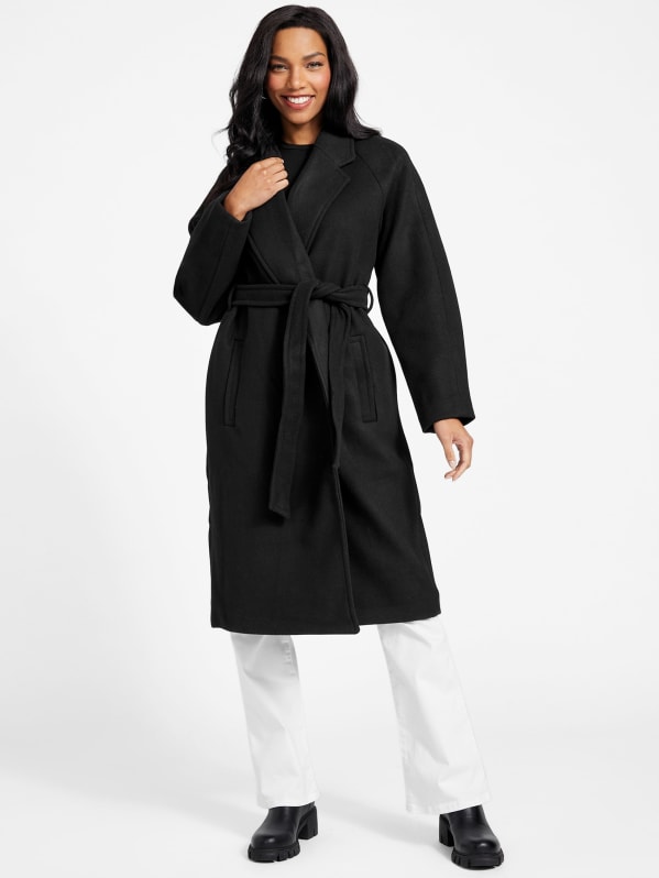 Marked Waist Wool Blend Maxi Coat Black