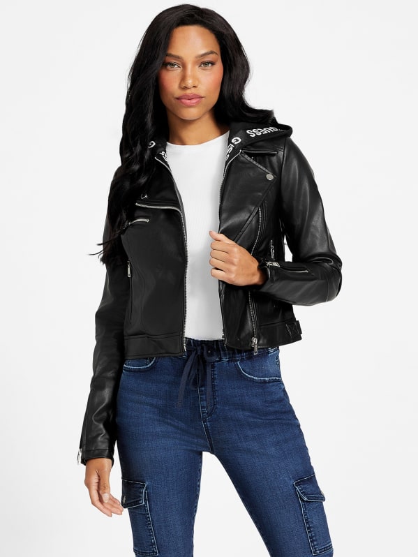 Womens faux leather jacket with hood deals