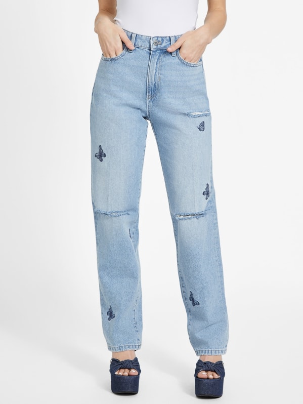 bagage Taiko mave Fysik Lourdes Butterfly Destroyed Straight Jeans | GUESS Factory