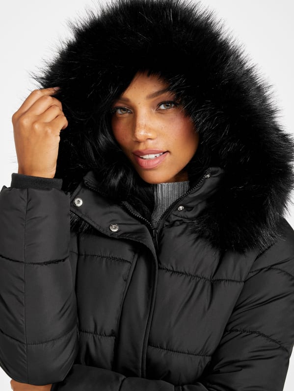 Puffer jacket with cheap fur hood black