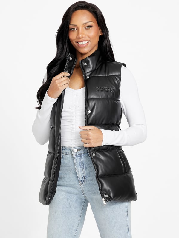 Black faux top leather vest womens
