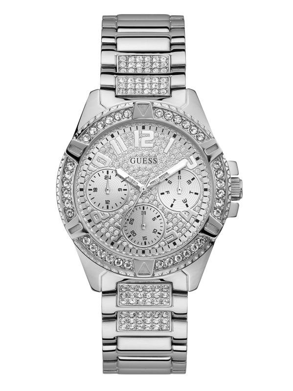 GUESS Rhinestone Silver Tone Multifunction Watch Silver