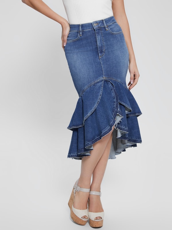 Guess Women s Marina Ruffled Hem Denim Skirt Lady Conch Size 28
