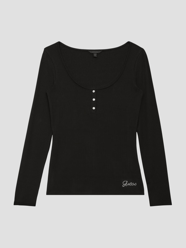 Eco Black Karlee Long Sleeve Henley T-Shirt - GUESS