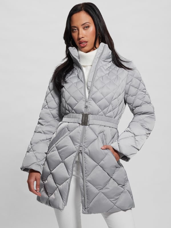 Guess women's hooded quilted puffer jacket sales with removable faux fur trim