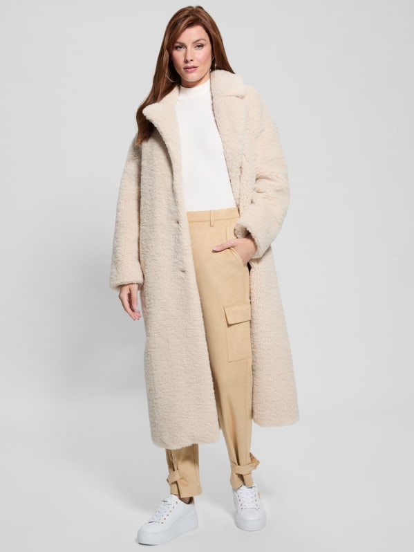 GUESS Eco Alina Teddy Longline Coat Pearl Oyster M