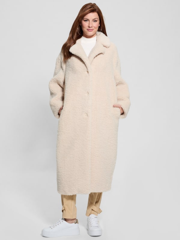 GUESS Eco Alina Teddy Longline Coat Pearl Oyster M