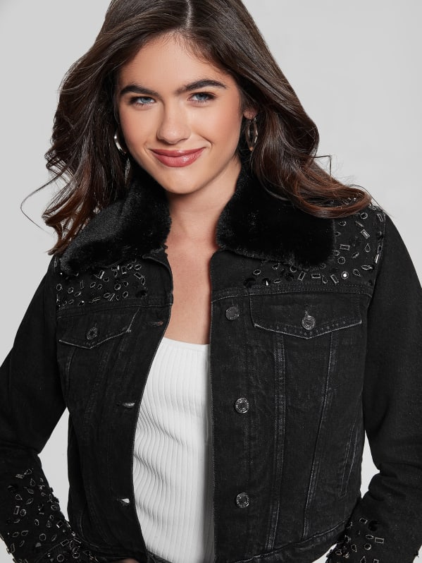 Eco Doria Shearling Collar Denim Jacket GUESS Canada