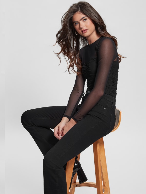 Black Long Sleeve Lace Mesh Bodysuit, Tops