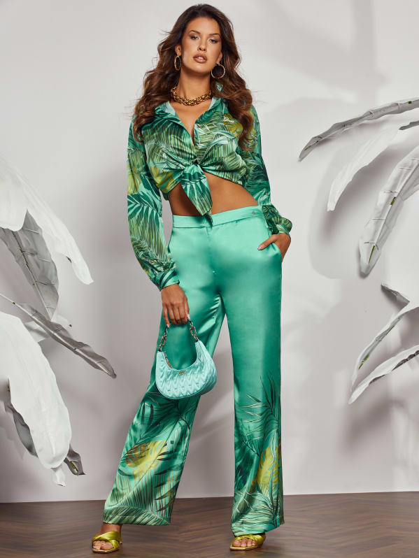 Turquoise Satin Palazzo Trousers