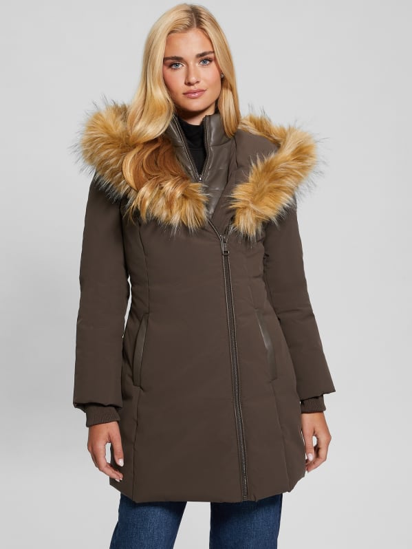 GUESS Mid length Puffer Jacket Brown XS