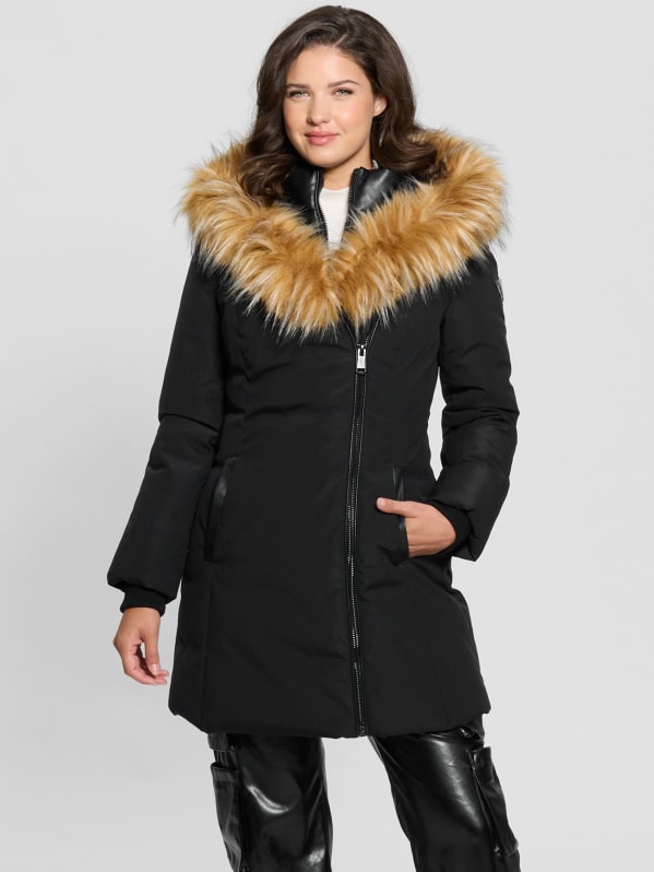 Fur Trim Puffer Jacket in Black & Gray