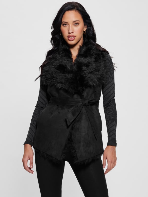 Black fur sleeveless jacket deals