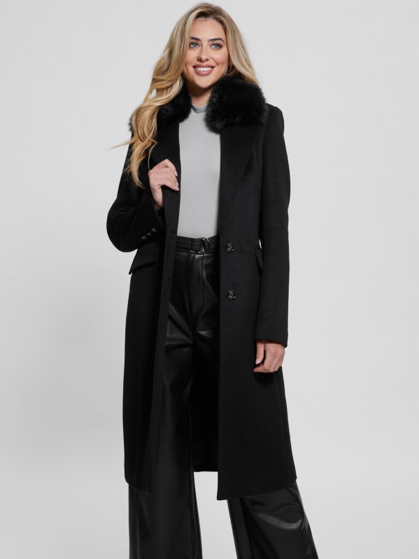 Guess Lapel Collar Long Wool Blend Trench Coat Black