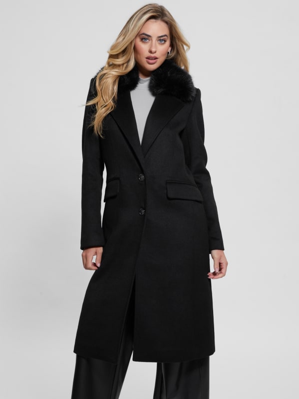 Guess Lapel Collar Long Wool Blend Trench Coat Black