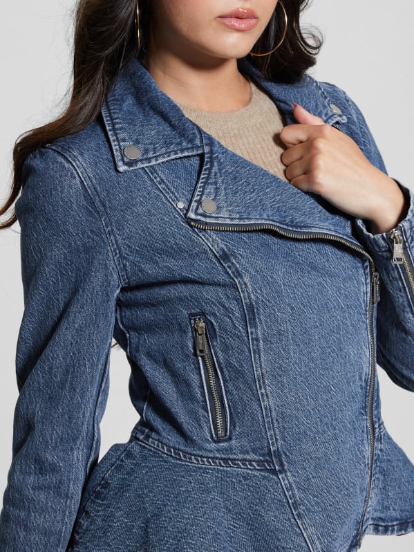 GUESS Eco Mac Denim Peplum Moto Jacket Blue S