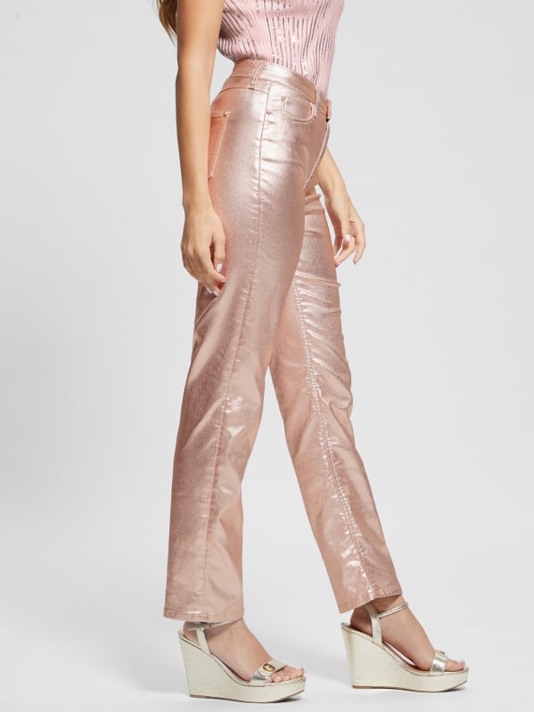 Gupgi Women Metallic Jeans Low Waist Straight Leg Trousers