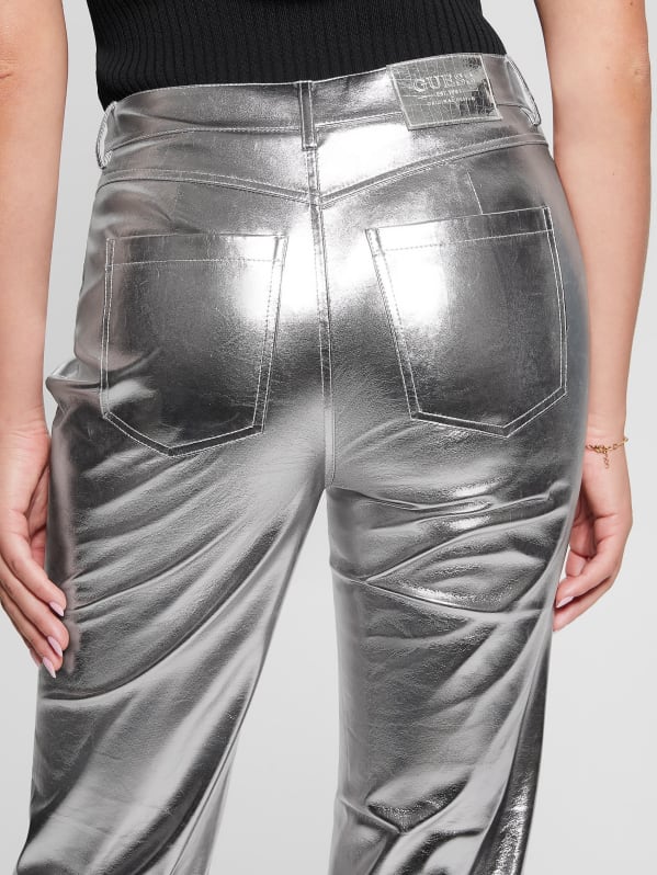 Silver Metallic Leather Pants, Metallic Leather Pants Women