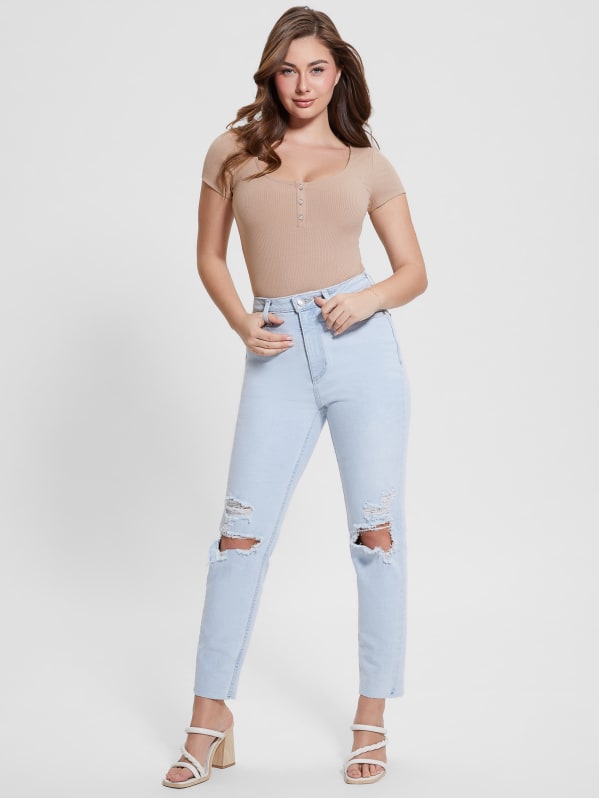 High waisted light blue mom jeans on sale