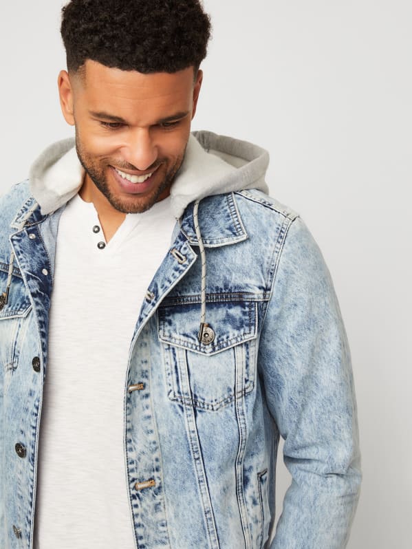 Jean jacket with built sale in hoodie