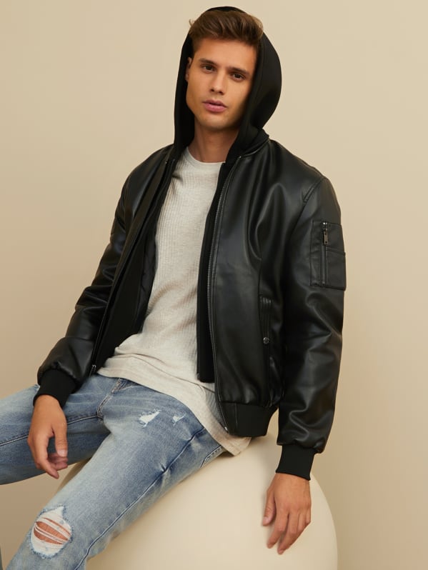 Goss Faux-Leather Hooded Jacket | GUESS Factory